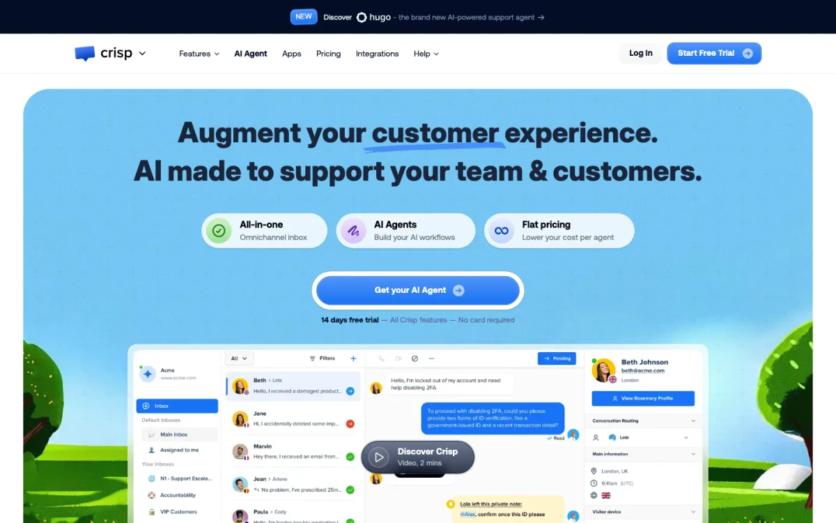 Crisp homepage showing its all-in-one inbox with AI agents and flat pricing.