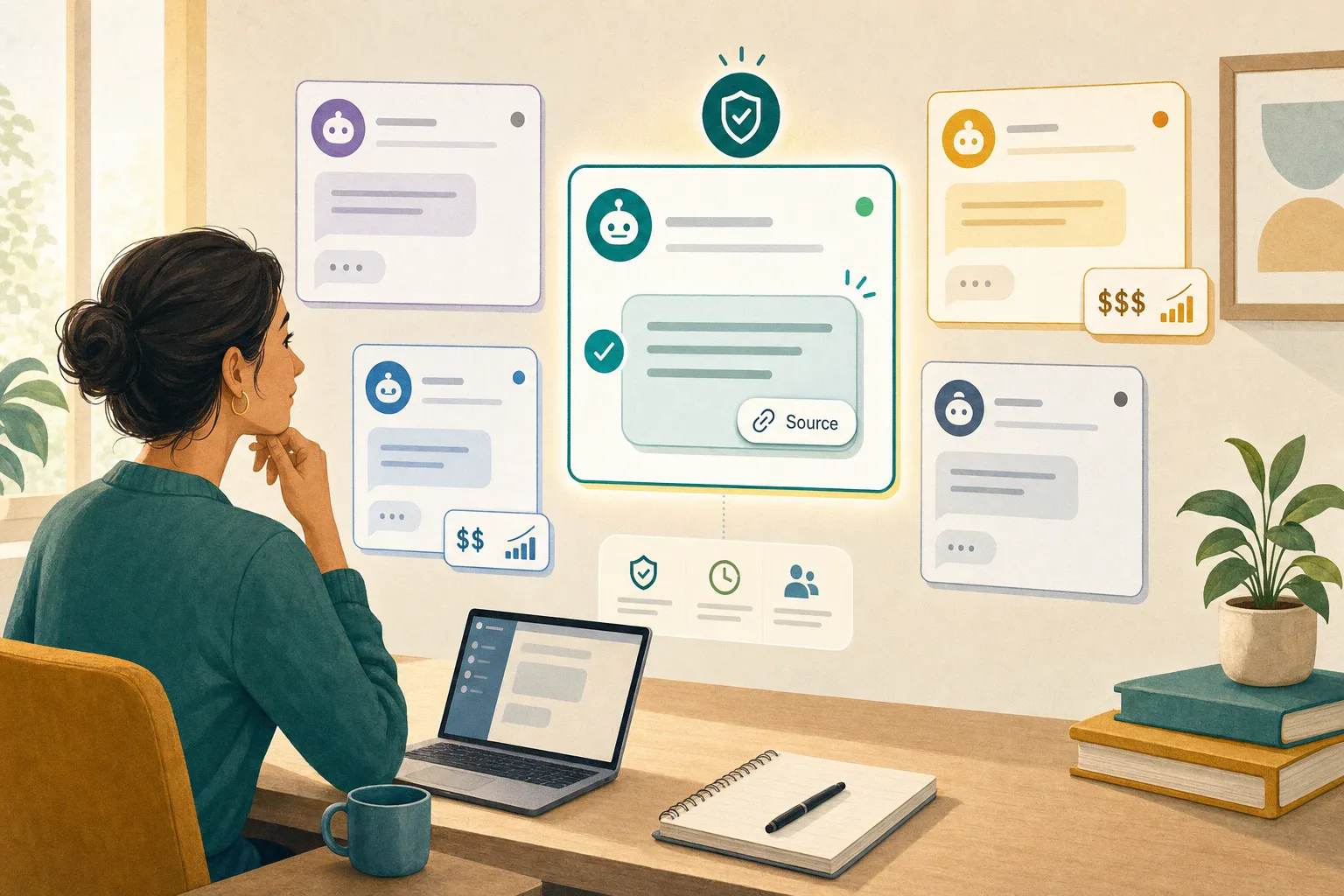 Editorial illustration of a small-business owner at a desk comparing floating AI customer-support chat cards. One card is highlighted with a 'Source' citation chip for grounded answers; two others carry small price tags with rising-meter icons to suggest stacking add-on pricing.