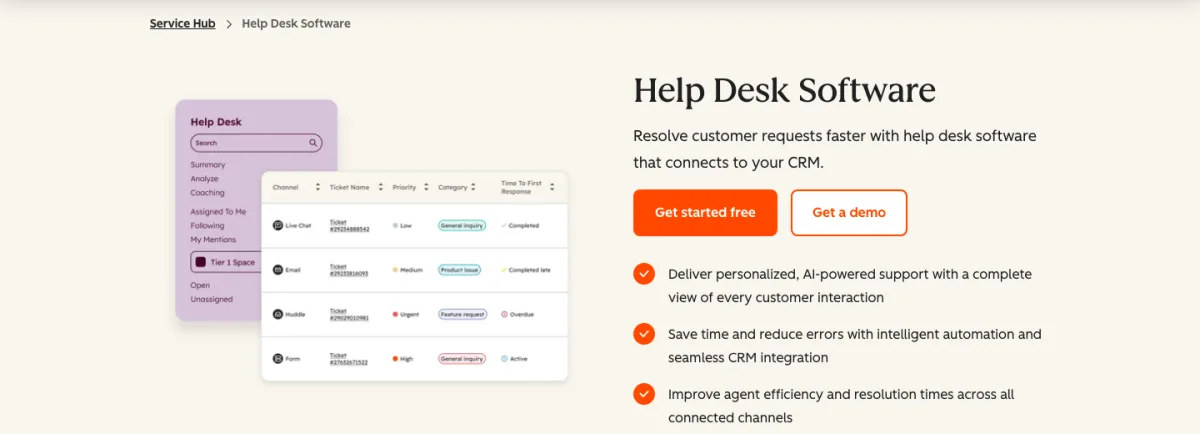 HubSpot Service Hub help desk software page showing live chat, ticketing, and CRM integration.