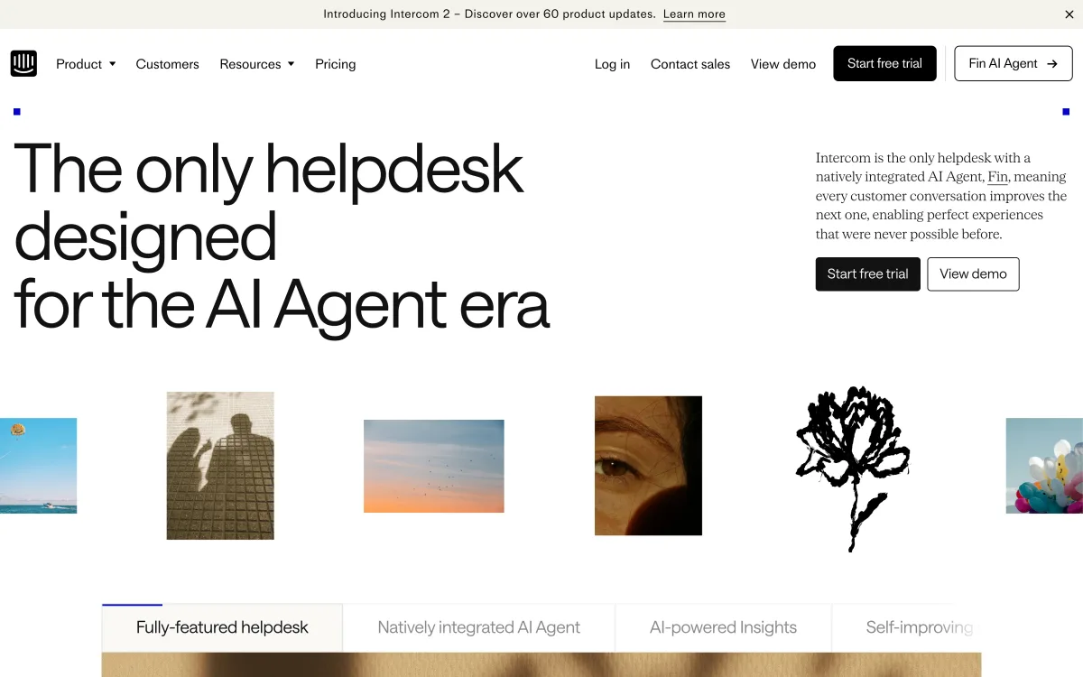 Intercom homepage describing its helpdesk built around the Fin AI Agent.