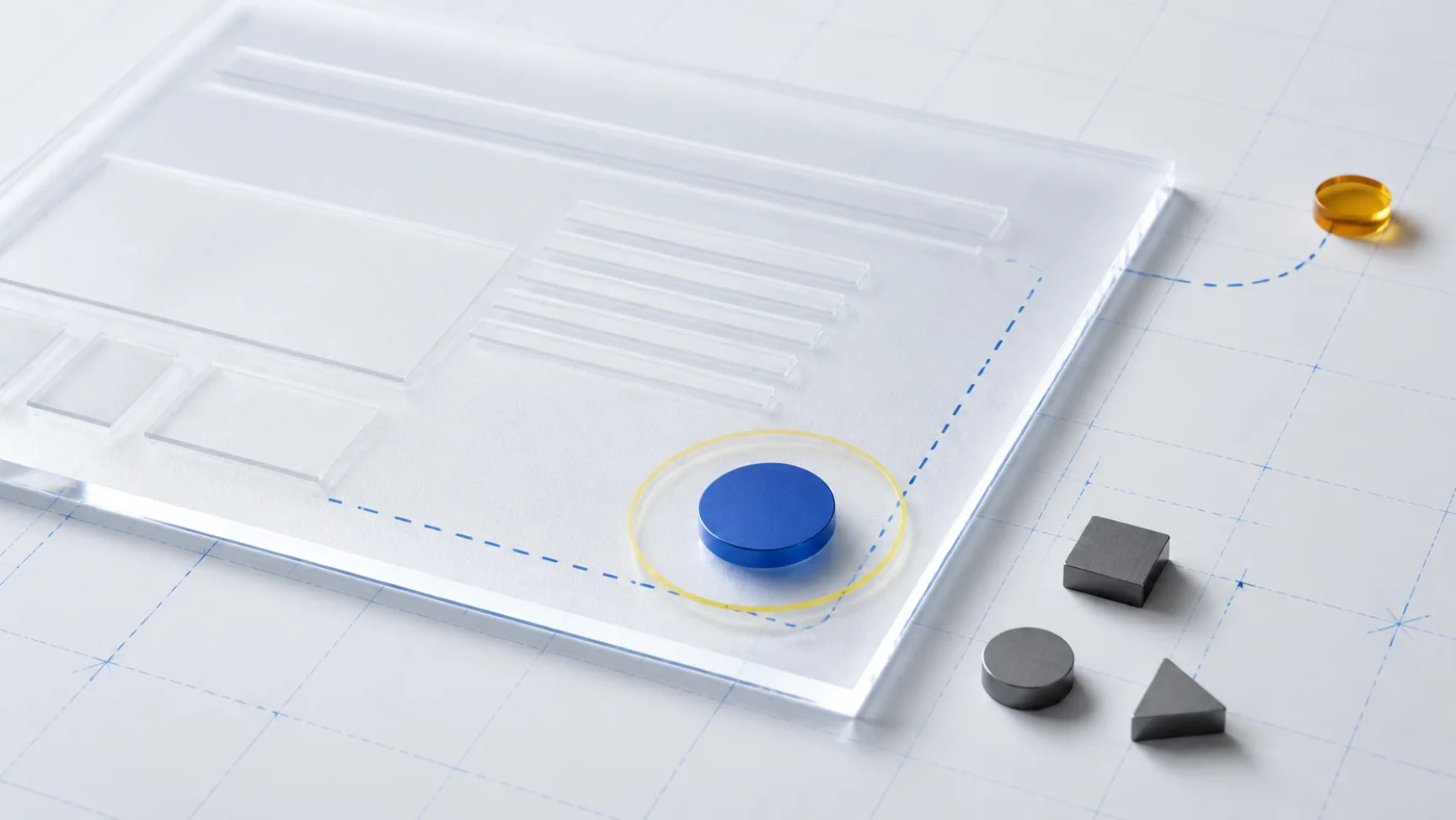 High-key editorial planning board with a cobalt support marker in a clear page margin, a yellow clearance ring, and smaller page-control markers kept safely apart.