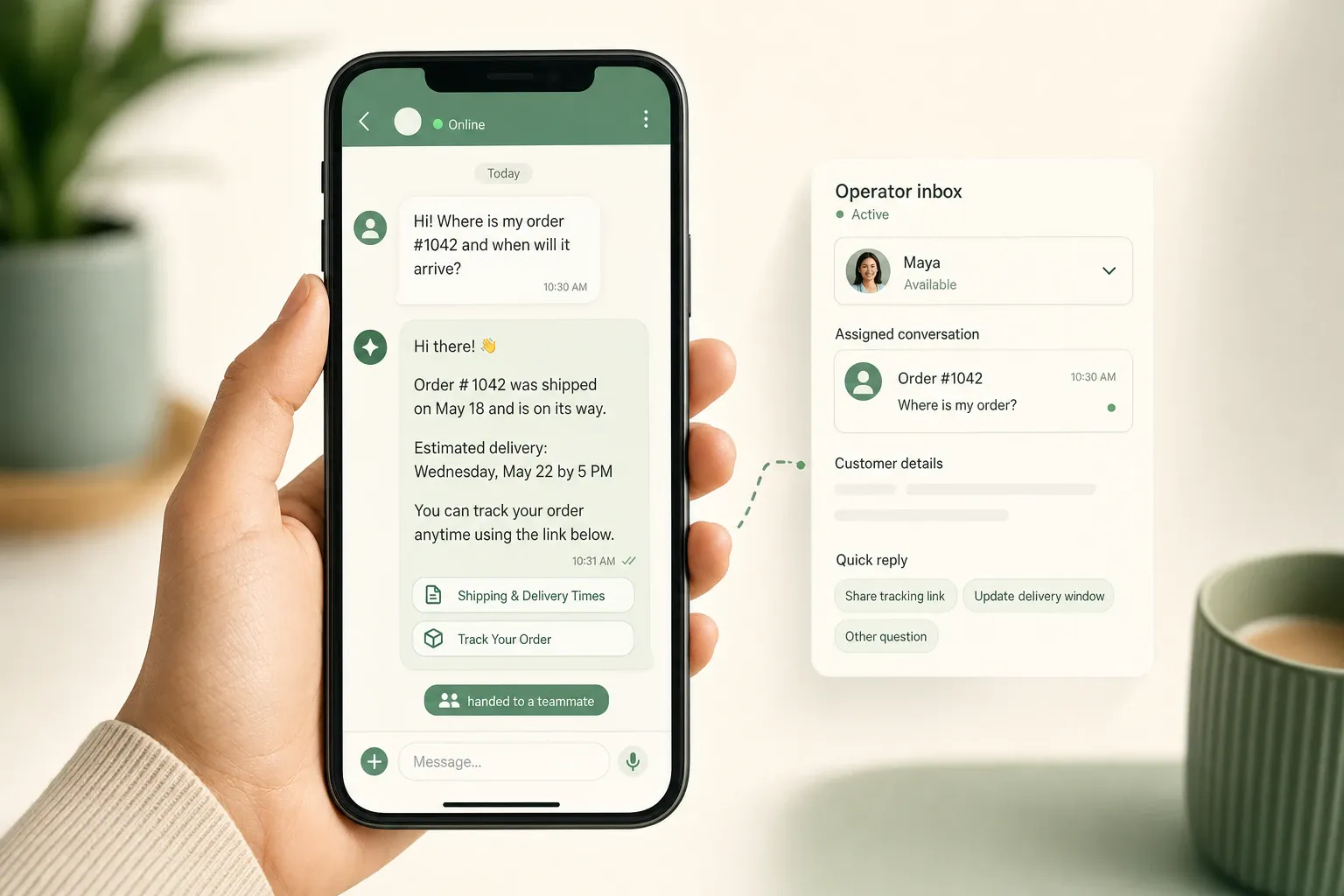 A smartphone showing a customer-support chat in a generic green messaging app, with an AI answer carrying source citations and a 'handed to a teammate' badge.