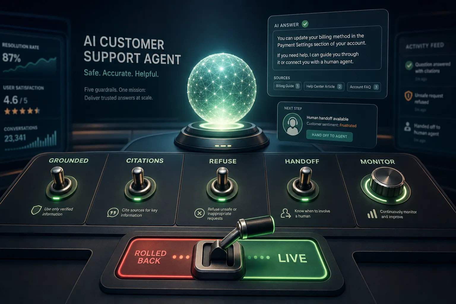 Control-room console for an AI support agent with five labeled toggles — grounded, citations, refuse, handoff, monitor — and a lever switching from rolled back to live.