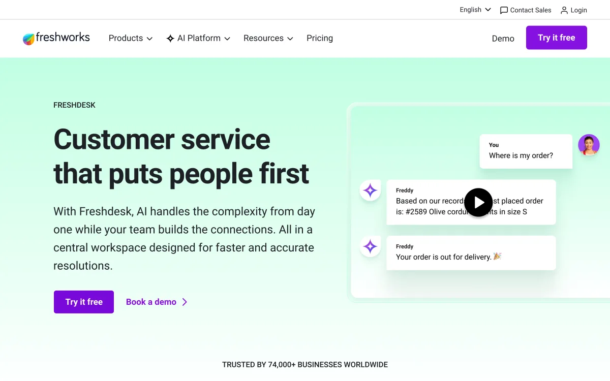 Freshdesk homepage showing its AI customer service positioning with the Freddy AI agent.