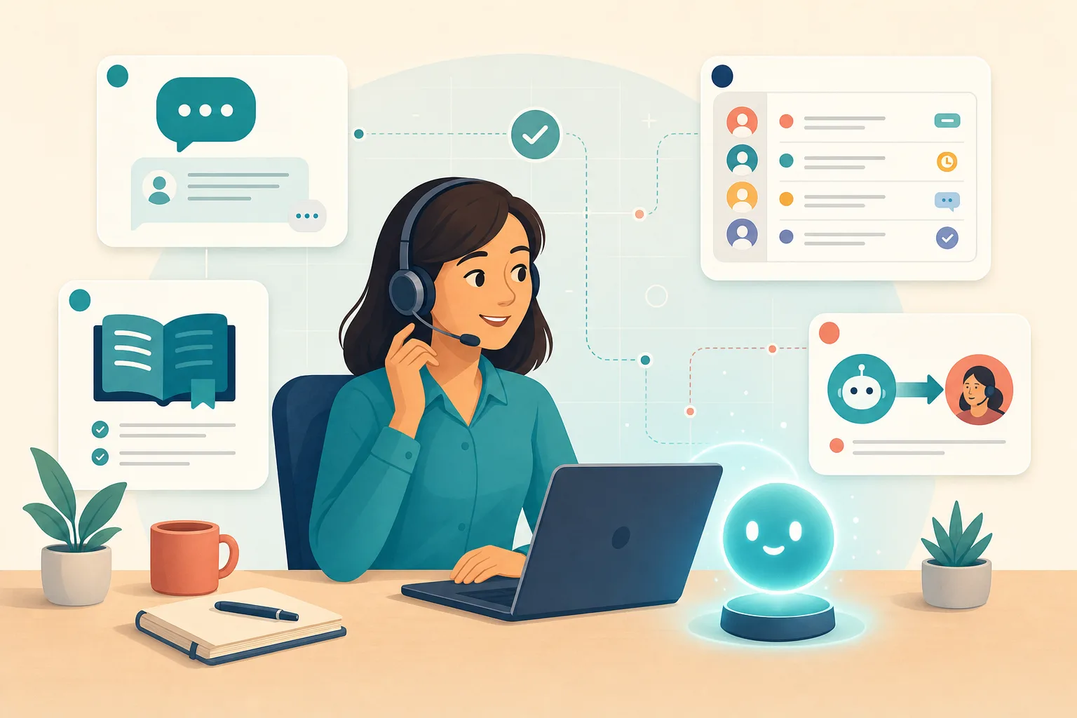 Editorial buyer-guide illustration of a support agent comparing AI customer support tools — chat widget, shared inbox, knowledge base, and human handoff — as alternatives to a large incumbent helpdesk.