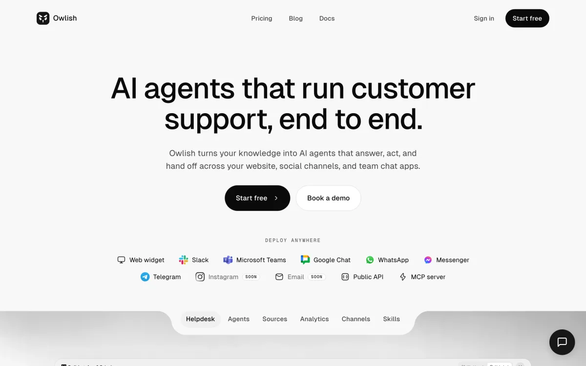 Owlish homepage showing its AI customer support positioning and channel coverage.