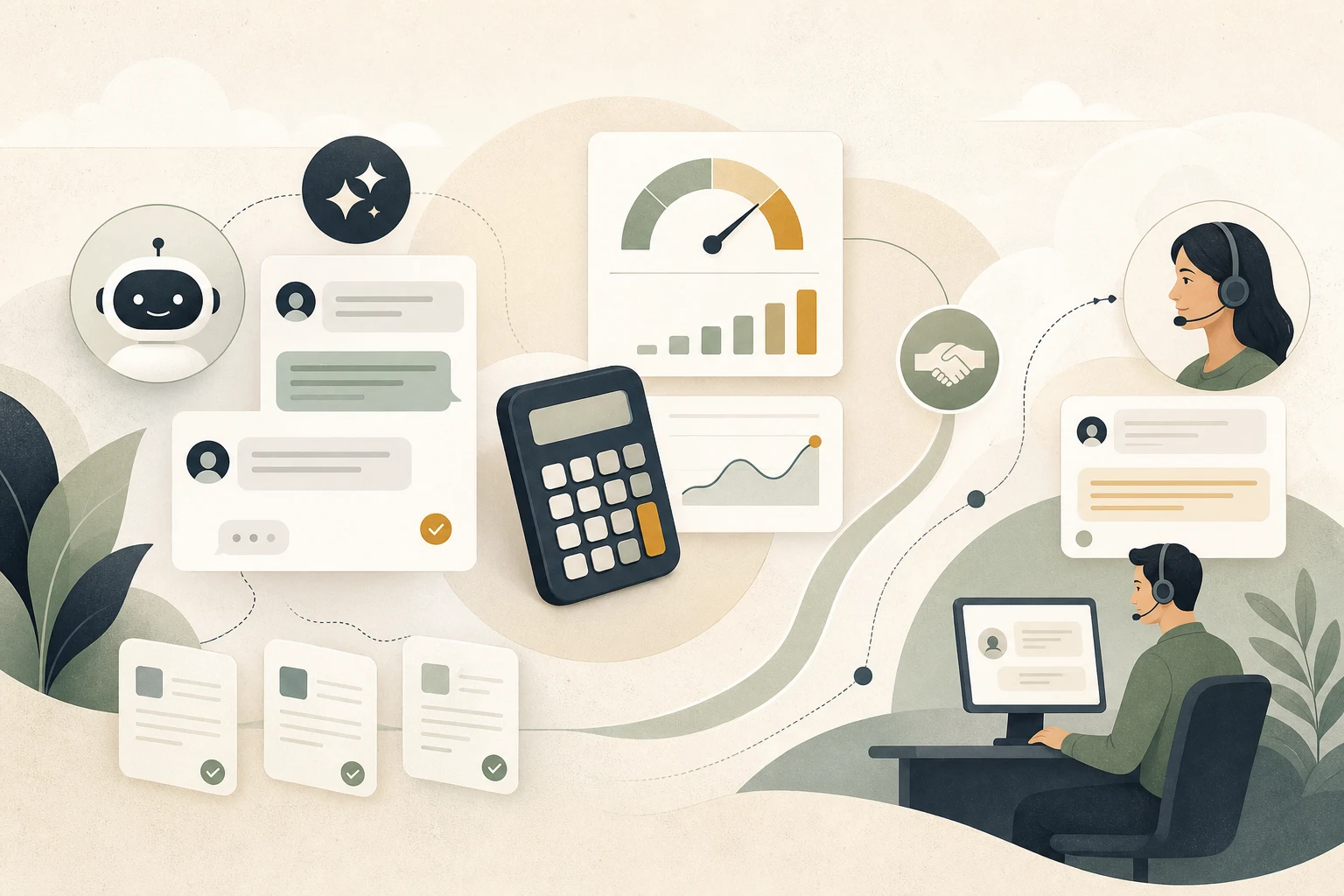 Editorial illustration of support chats, pricing meters, and a calculator arranged as a buyer's model for AI customer support software.