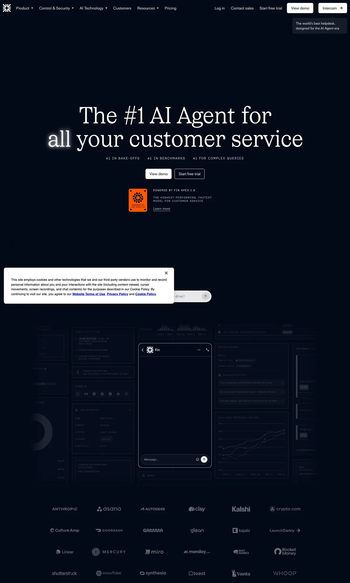 Intercom Fin landing page showing its AI agent for customer service positioning.