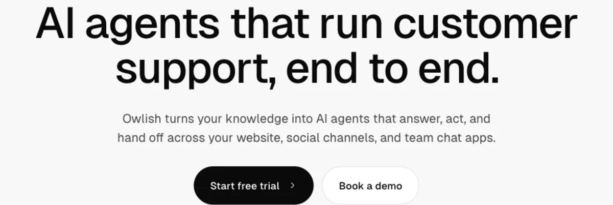 Owlish homepage showing its AI customer support positioning and product UI.
