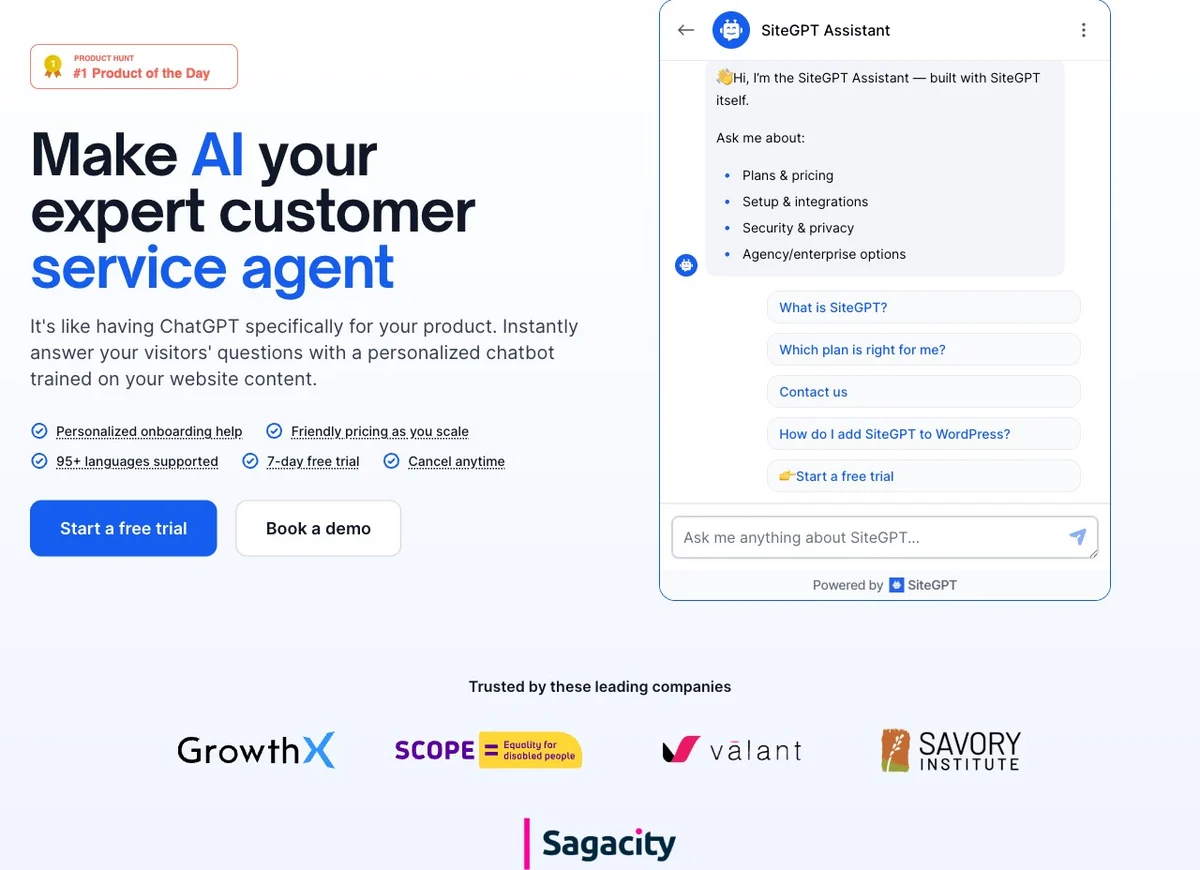 SiteGPT landing page showing its website-support chatbot positioning.