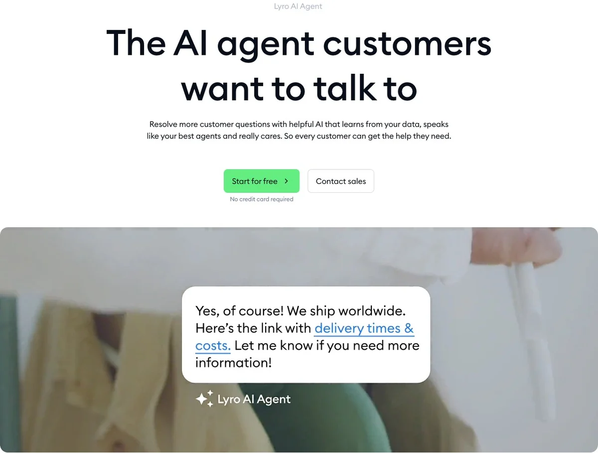 Tidio Lyro landing page showing its AI agent plus live chat positioning.