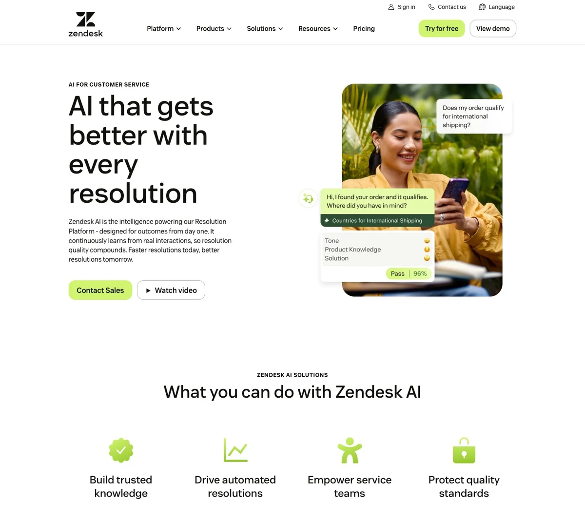 Zendesk AI page showing its AI service platform positioning.